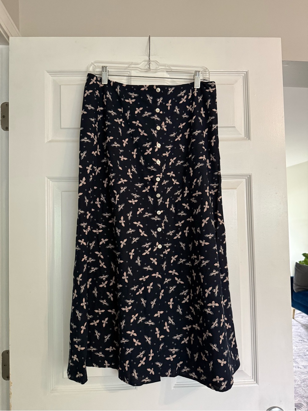 Loft Navy A-Line Midi Skirt with Pink Floral Print